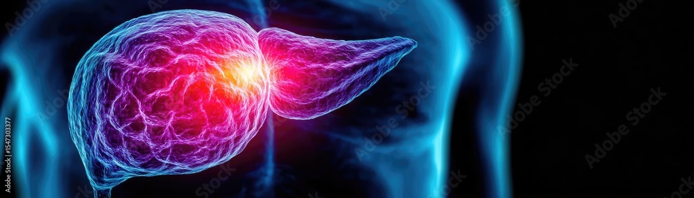 Poster Gallbladder blockage causes cramp and scan concept. 3D visualization of a human liver and brain anatomy illustration.