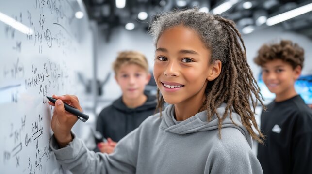 Young girl with curly hair, wearing a gray hoodie, is solving math problems on a whiteboard in a modern classroom, showcasing collaborative learning and engagement in education
