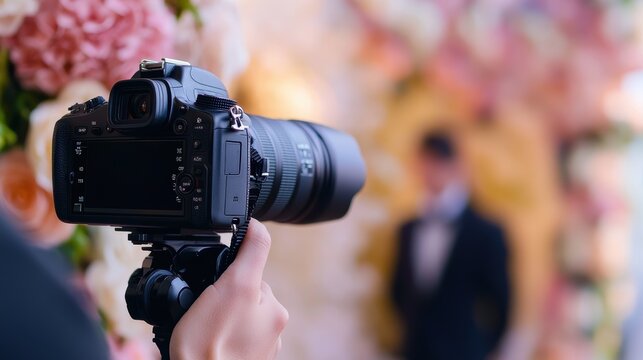 Camera capturing photography session with blurred background, professional photographer, wedding event, portrait session, creative visual storytelling.