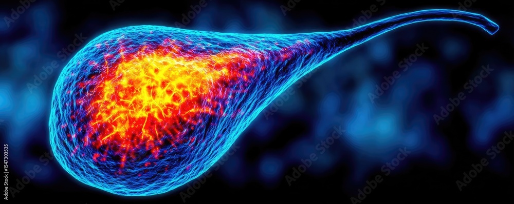 Poster Gallbladder issue from blockage and infection concept. Vibrant microscopic view of a cell with glowing colors.