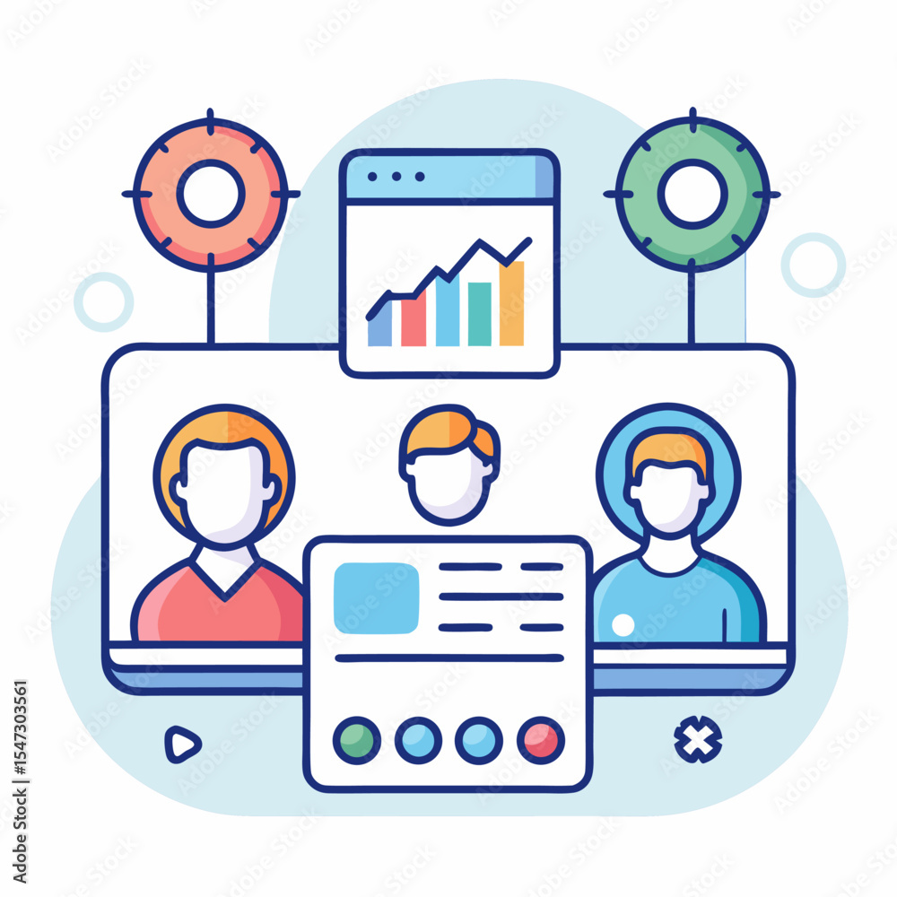 Poster modern dashboard interface design featuring a three person team icon and data visualization elements