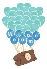 赤ちゃんを運ぶ可愛いハートの風船_ブルー