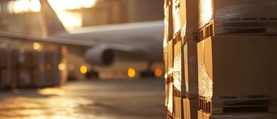 Cargo boxes stacked in warehouse with airplane in background ready for shipping logistics and delivery services transportation industry at sunset.