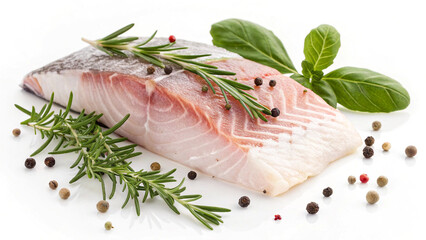 A fresh fillet of fatty Boston Blue fish with herbs on white or transparent background