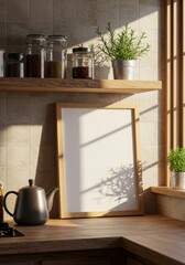 Wooden Frame Mockup in a Cozy, Sunlit Rustic Kitchen
