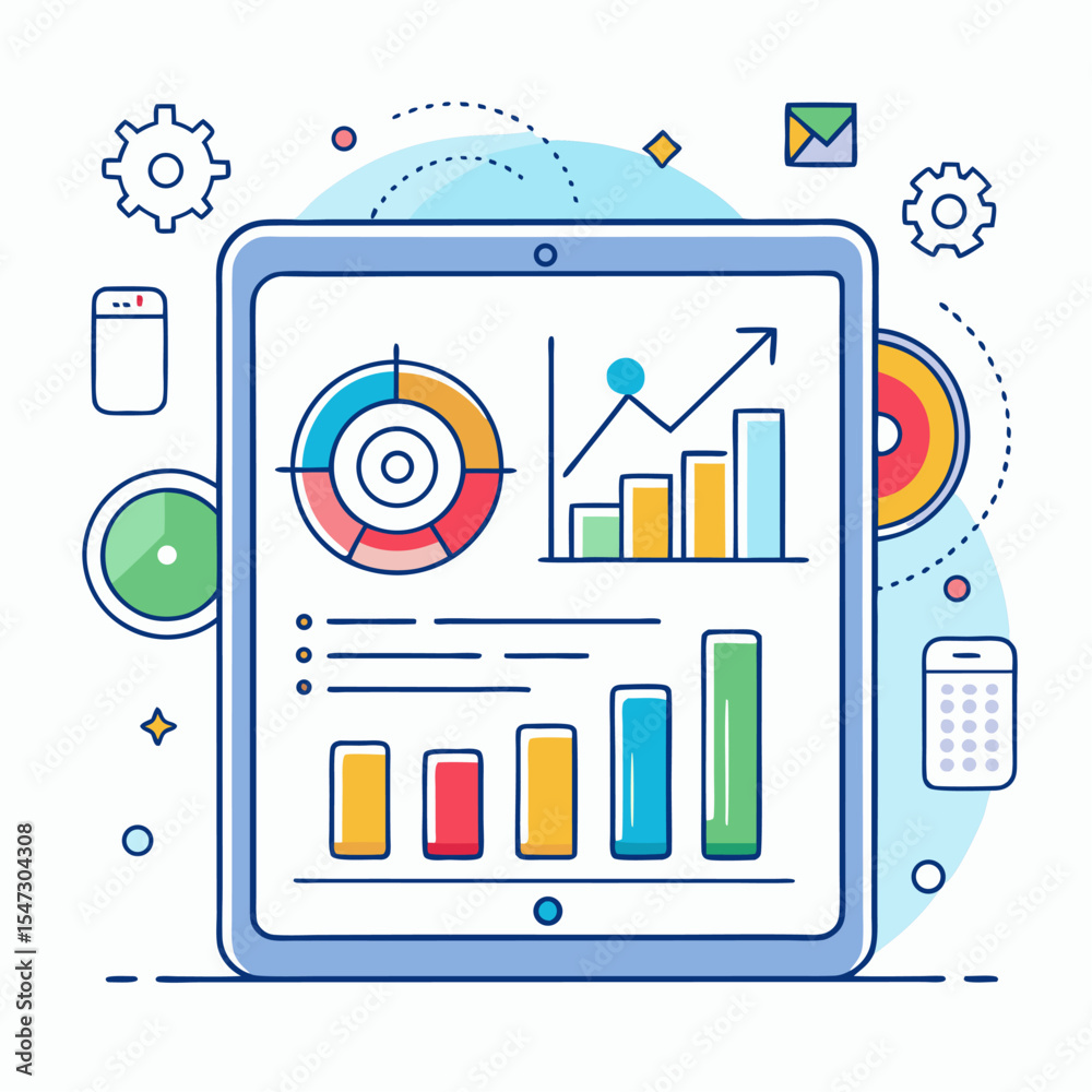 Poster flat line style tablet device displaying key performance indicators