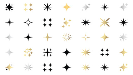 Assorted star and sparkle icons in black, gold, and white on white background—elegant decorative elements for design and festive visuals