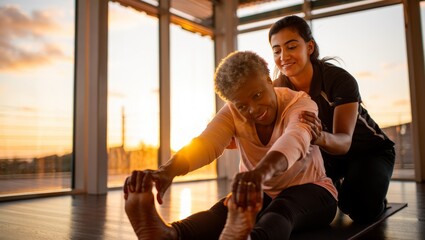 Elderly african female and young hispanic female engaging in assisted stretching at sunset. Life in a nursing home
