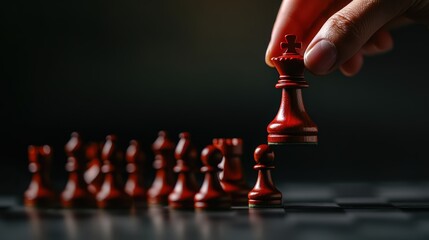 Chess player making strategic move with red chess piece on board, focused hand close-up, strategy game, competitive play, mental challenge, sports concept.