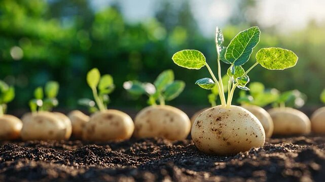 Sprouting potatoes planted in fertile garden soil under natural sunlight concept of agriculture and cultivation
