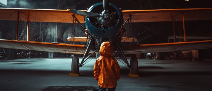 Child in orange rain jacket standing in front of vintage airplane in hangar, exploring aviation history and imaginative play, adventure learning experience.