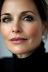 Close up portrait of a Caucasian woman with green eyes wearing black turtleneck, natural makeup, and burgundy lipstick looking at camera with gentle smile.