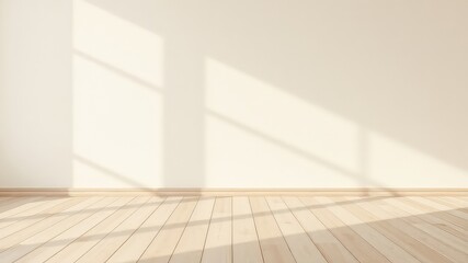 Clean, minimalist room with warm sunlight streaming through the window onto pale wood flooring