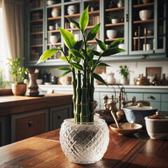 Lucky Bamboo Plant In A Crystal Vase On A Kitchen Counter with Pots and Vases