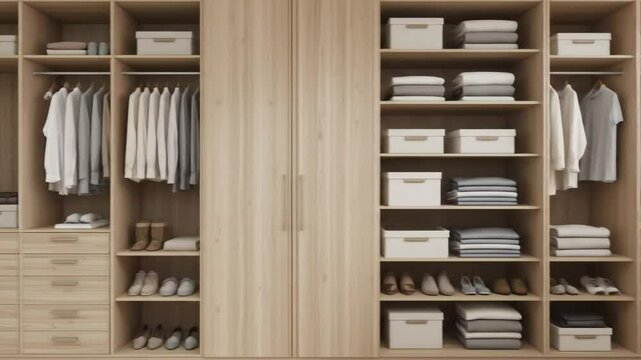 Wooden wardrobe with tiered design, compact home interior storage. Wardrobe with clothes, drawers, shoes, shelves. 4k video