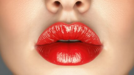 Obraz premium Closeup image of the face and glossy bright red lips of a fair skinned individual, featuring a pursed mouth