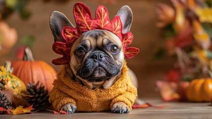 French bulldog in festive autumn costume with pumpkins and leaves