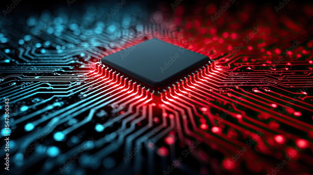 Poster Adaptive chip and programmable integration concept. Close-up view of a microprocessor with colorful circuit design.