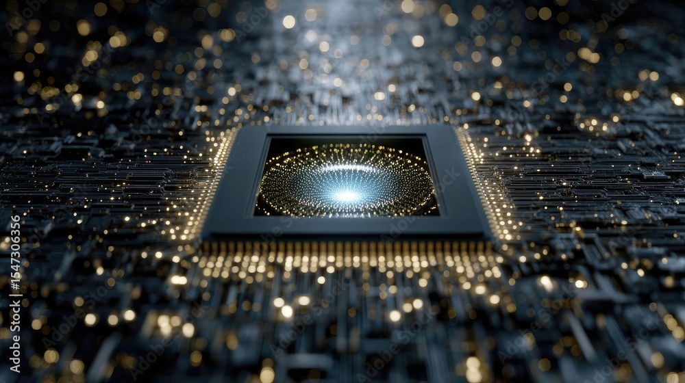 Poster Hybrid processor in plasma development concept. Close-up view of a microchip with glowing lights and connections.