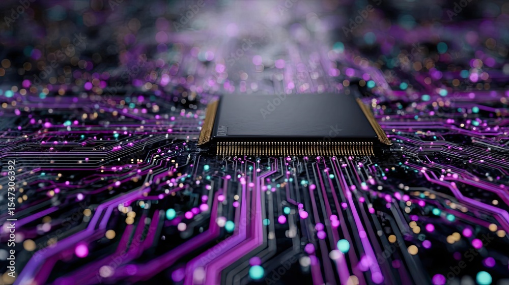 Poster Adaptive chip and programmable integration concept. Close-up of a computer chip on a vibrant circuit board.