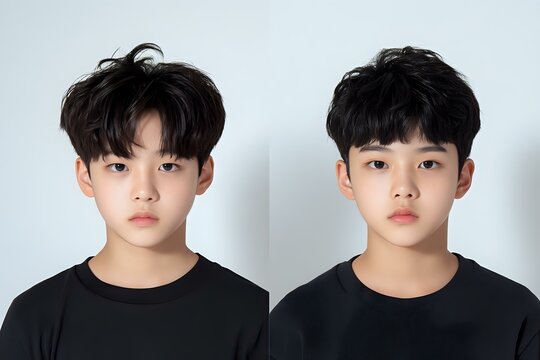 Young Asian male with black hair wearing dark t-shirt shown in two similar poses against light background, displaying neutral expression in professional headshot style portrait. - Powered by Adobe
