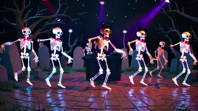 Skeletons dancing under Halloween night lights on haunted forest stage, symbolizing spooky celebration, horror fun, undead party, and animated seasonal skeleton dance entertainment