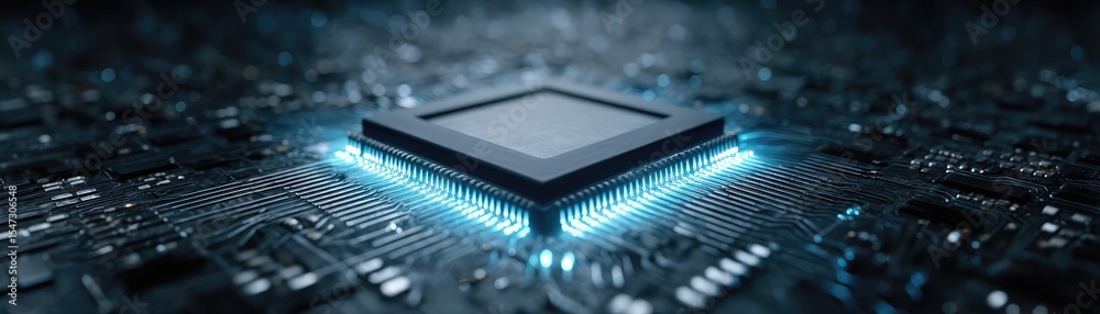 Poster Adaptive chip and programmable integration concept. A close-up view of a computer chip with glowing circuitry.