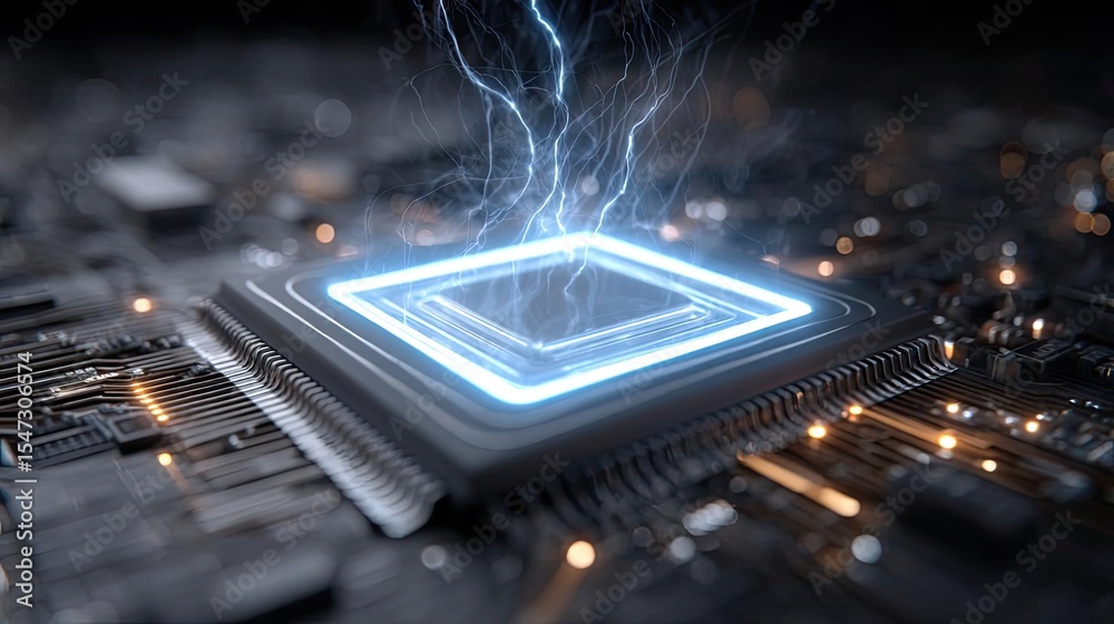 Poster Hybrid processor in plasma development concept. Futuristic microchip emitting electric sparks and light.