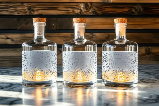 Three glass bottles with intricate, speckled designs.