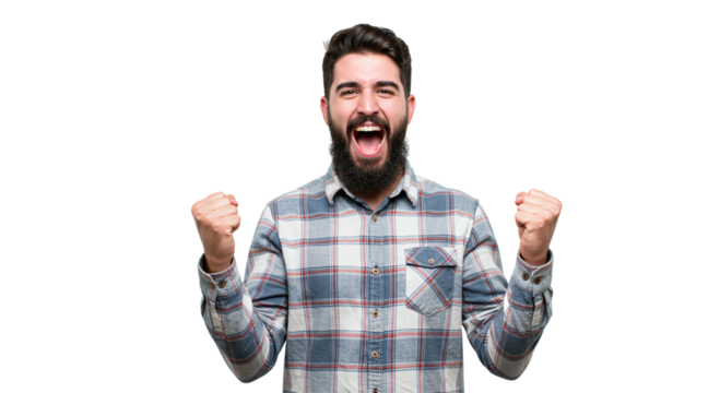 Photo of a bearded man with arms raised in celebration isolated on white background - Powered by Adobe