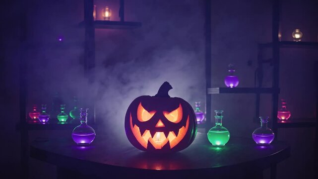 Glowing jack-o&rsquo;-lantern surrounded by colorful potion bottles and eerie smoke in a dark Halloween lab, symbolizing magical mystery, spooky science, and festive haunted laboratory scene