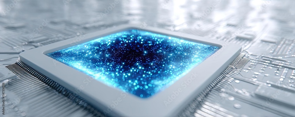 Aufkleber Hybrid processor in plasma development concept. Futuristic processor with a vibrant blue glow and cosmic design.