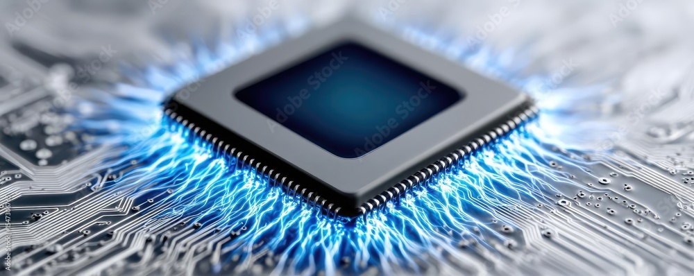 Poster Hybrid processor in plasma development concept. Close-up of a computer processor with glowing electric energy.