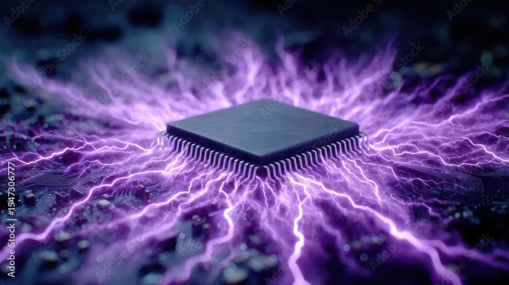 Aufkleber hybrid processor in plasma development concept. a microchip emitting electric energy surrounded by p