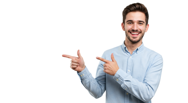 Photo of smiling man pointing to the side isolated on white background