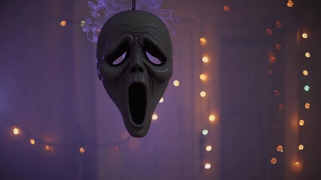 Horror movie scream mask floating in front of purple fog and Halloween lights, symbolizing fear, thriller costume, haunted character and classic spooky holiday horror culture