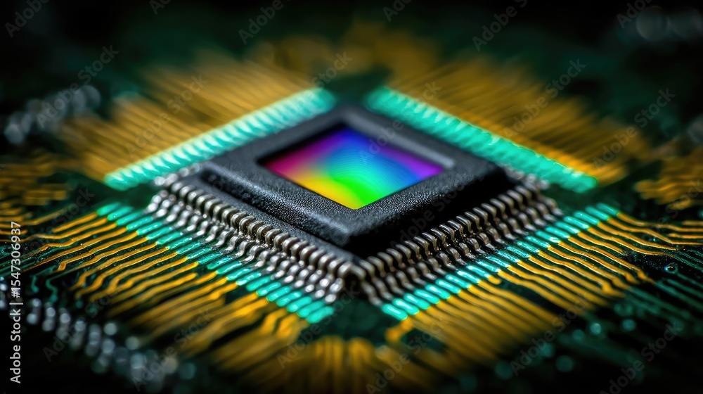 Aufkleber Adaptive chip and programmable integration concept. Close-up of a microchip with colorful details and intricate circuitry.