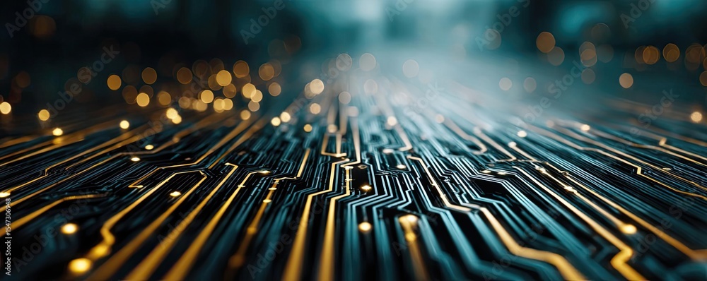 Poster Adaptive chip and programmable integration concept. Abstract view of a circuit board with glowing patterns and texture.