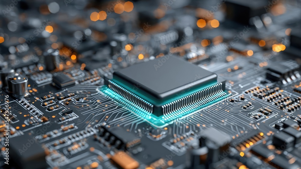 Poster Adaptive chip and programmable integration concept. Close-up of a modern microprocessor on a circuit board.