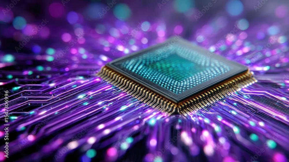 Poster Hybrid processor in plasma development concept. Close-up view of a computer chip with vibrant circuit patterns.