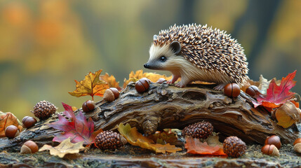 Fototapeta premium Hedgehog on log surrounded by autumn leaves and acorns in forest setting