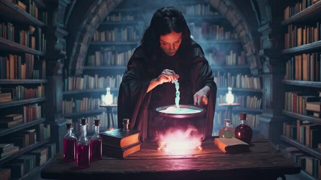 Female witch casting magical spell over glowing cauldron in dark enchanted library, symbolizing Halloween, fantasy, mystery, occult rituals, witchcraft, and dark magical arts