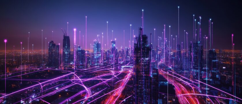 City skyline night view with vibrant neon lights and digital data connections showcasing urban innovation, technology, and modern architecture background.