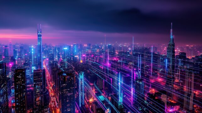 City skyline with modern skyscrapers illuminated at night, digital technology interface overlay, vibrant neon colors, urban landscape, futuristic cityscape.