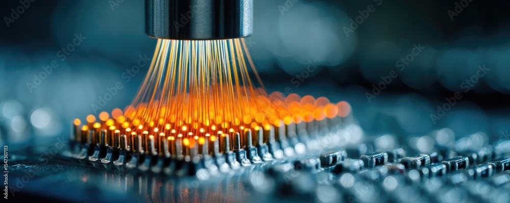 Poster Hybrid processor in plasma development concept. Close-up of a microchip with intricate connections and bright lights.