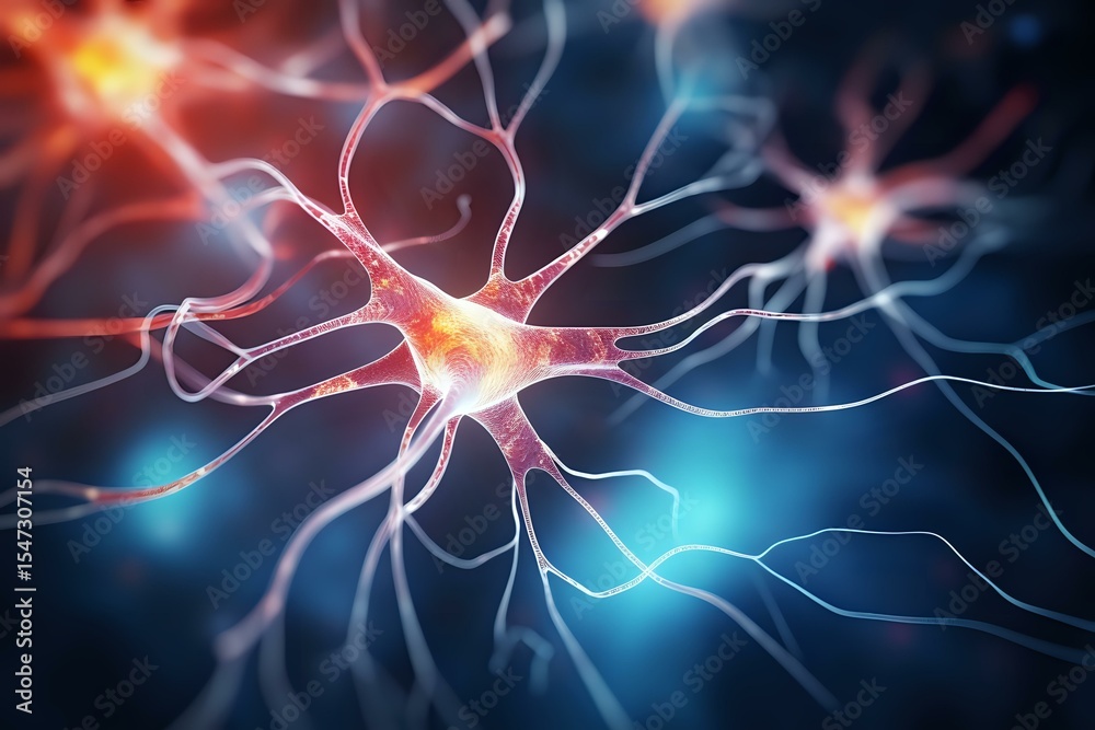 Poster active neuron cell network with electrical impulses, glowing synaptic connections on dark background