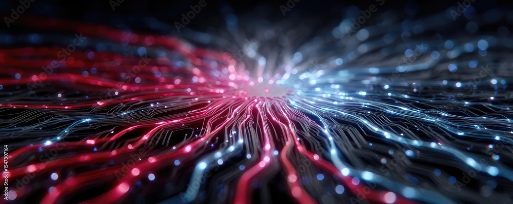 Poster Hybrid processor in plasma development concept. Abstract image of colorful flowing data streams in motion.
