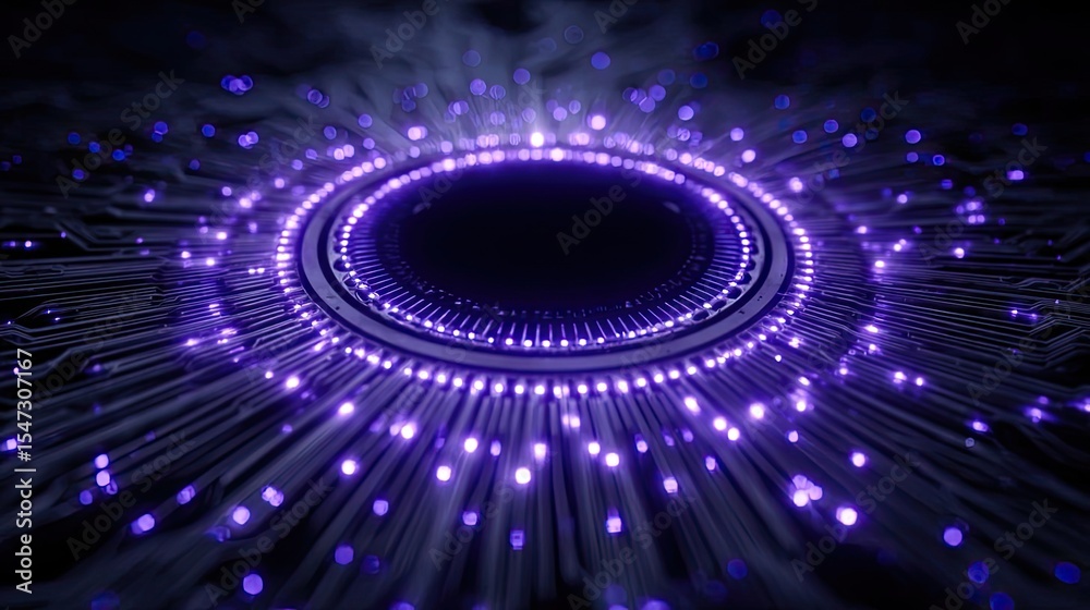 Poster Hybrid processor in plasma development concept. Abstract digital background with glowing purple lights and patterns.
