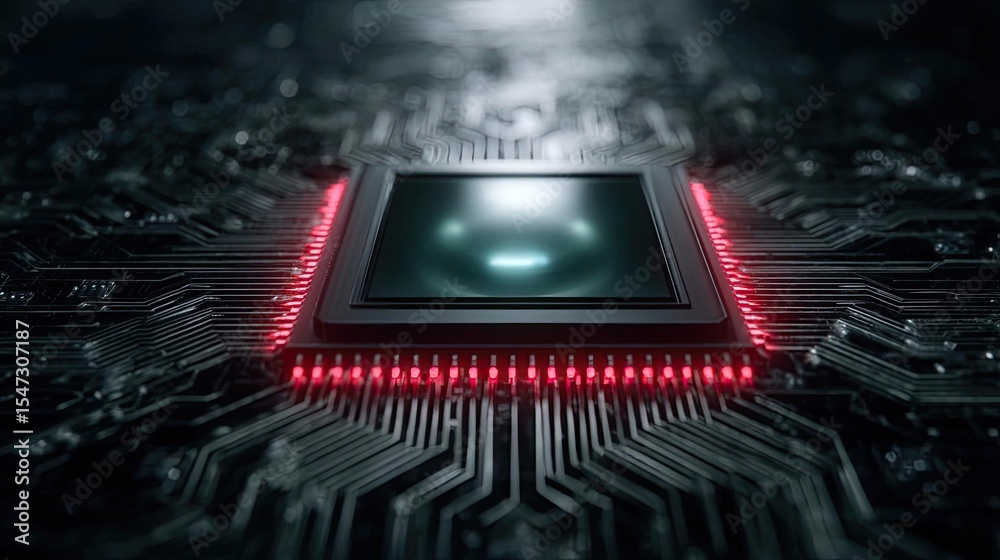 Poster Hybrid processor in plasma development concept. Close-up of a microchip with glowing red edges and intricate circuits.