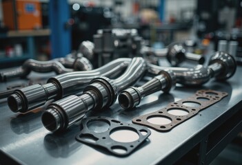 Naklejka premium Engine parts displayed on an inspection table in an automotive plant
